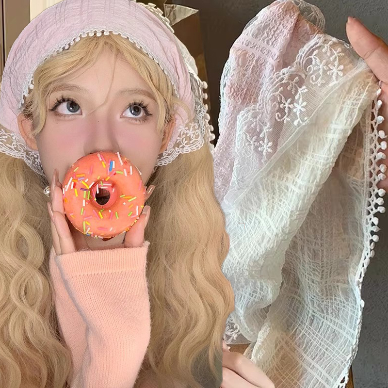 Photography Triangle - ファッション白いレースのヘッドラップスカーフ刺繍三角ネックハンカチ女性旅行写真ヘアバンダナピンクのヘアスカーフ