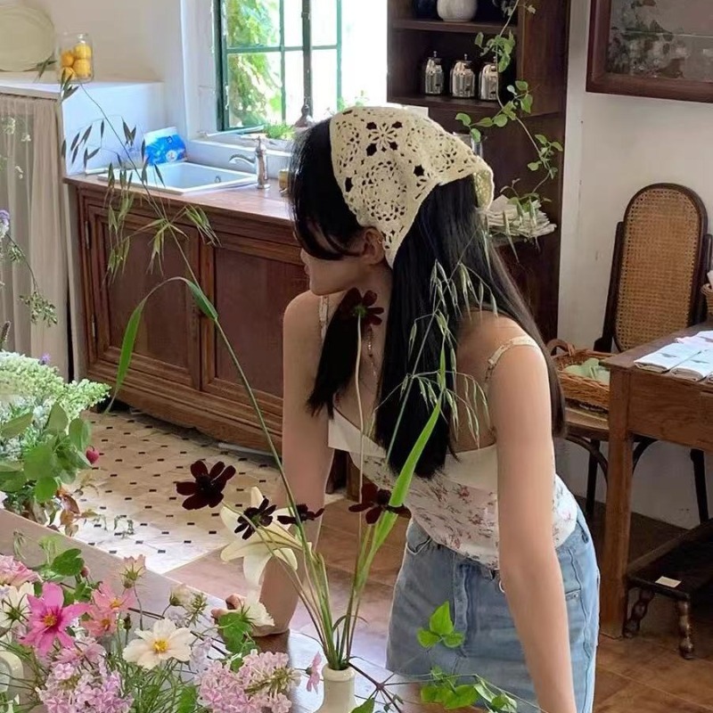 Photography Triangle - ニット三角ターバンスカーフ手作りかわいい甘い通気性軽量滑り止め女性用日常旅行写真撮影ヘッドラップ
