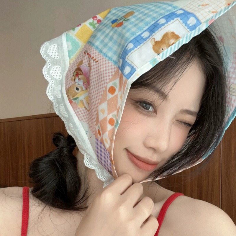 Photography Triangle - 甘い花柄レース三角ヘッドスカーフ夏ロングタイバンドライトラップヘアスカーフビーチフォトネックヘアアクセサリー女の子用