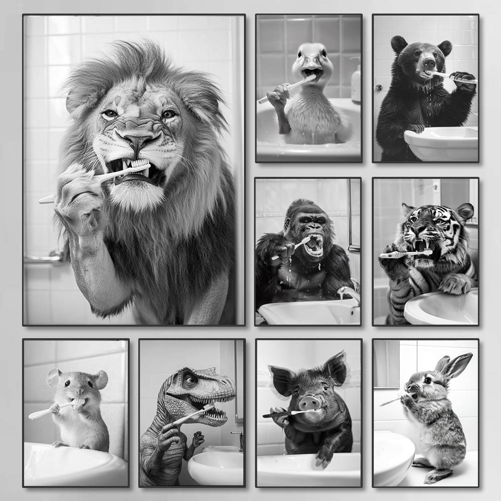 Photography Angle - 黒、白、面白いバスルーム歯磨きポスター、ヴィンテージスタイルの動物キャンバス絵画プリント、家の装飾用ウォールアート絵画