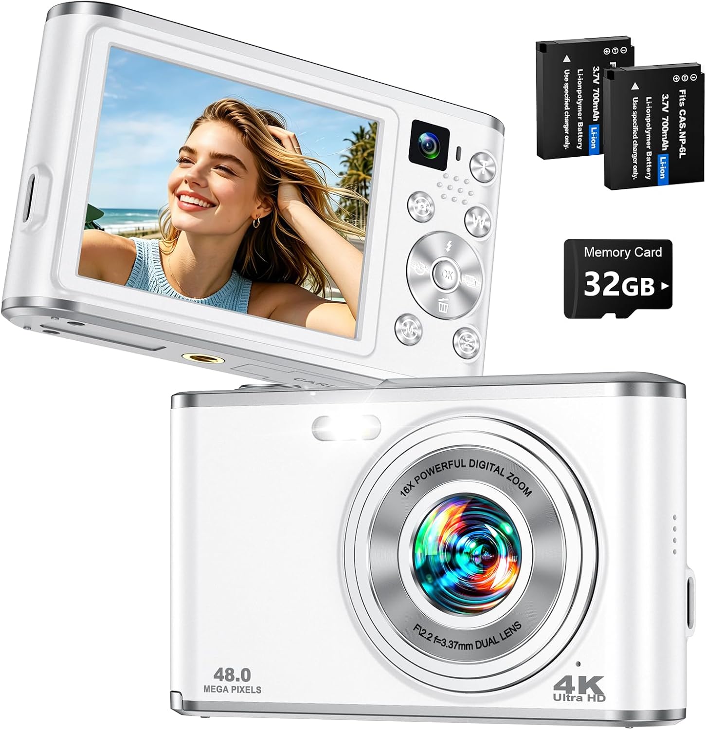 Photography Youtube - 4Kデジタルカメラ（Vlog撮影・写真撮影用）、48MPオートフォーカスコンパクトデジタルカメラ（デュアルセルフィーレンズ搭載）、16倍ズームポータブルVlogカメラ（初心者YouTuber向け）、32GBカード付属