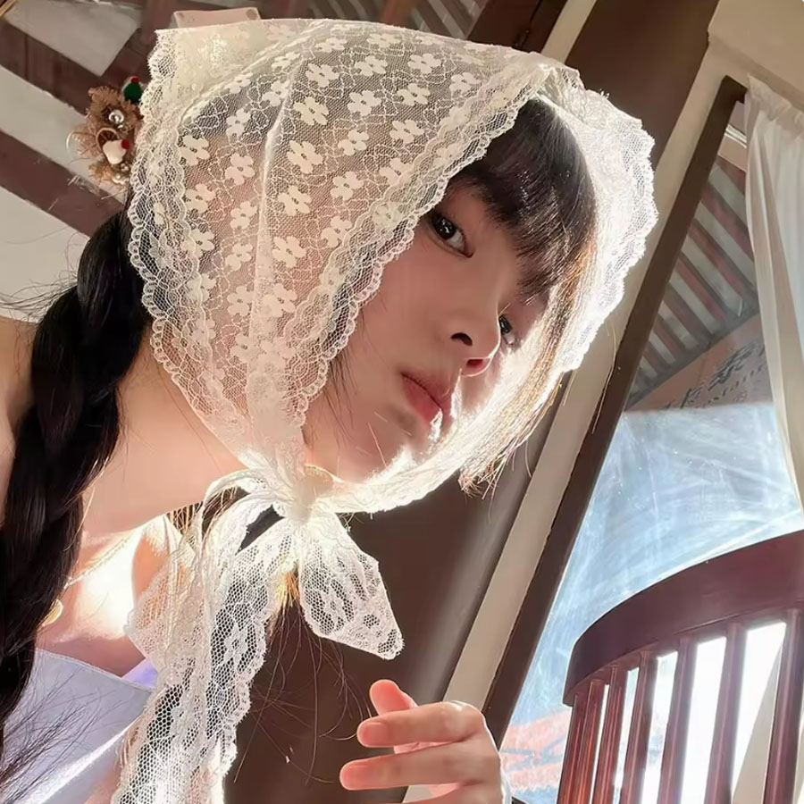 Photography Triangle - 1PC 三角形レーススカーフ白甘いレースターバンヘッドスカーフ旅行写真ヘッドバンドヘアアクセサリー適切なレディースガールズ