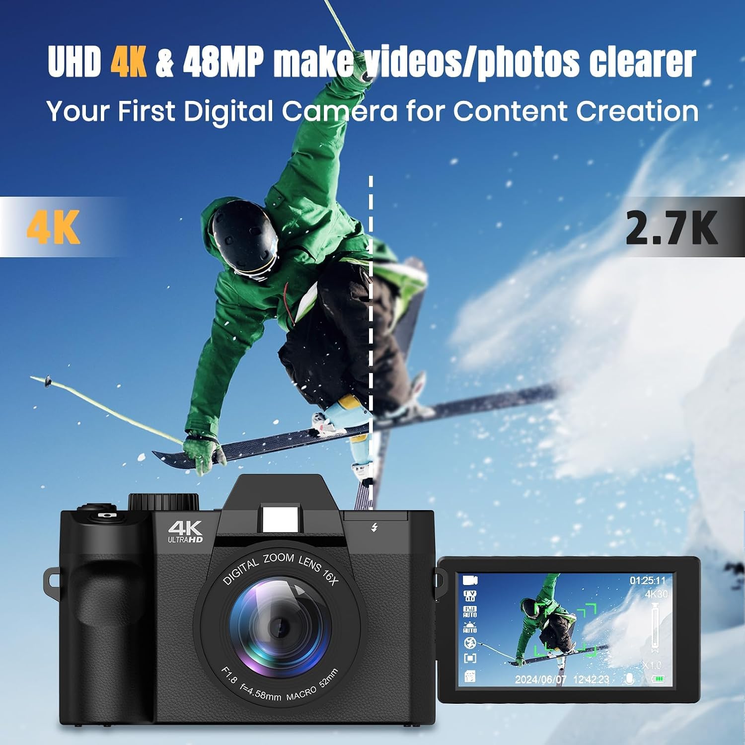48MPデジタルカメラ WiFiとオートフォーカス機能搭載、 - Photography Youtube のレビューと価格