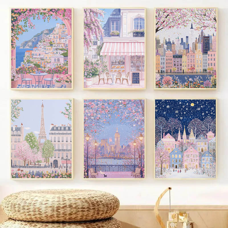 1pc モダンな都市景観旅行壁画ピンクの花自然風景建物アート - Photography Angle のレビューと価格