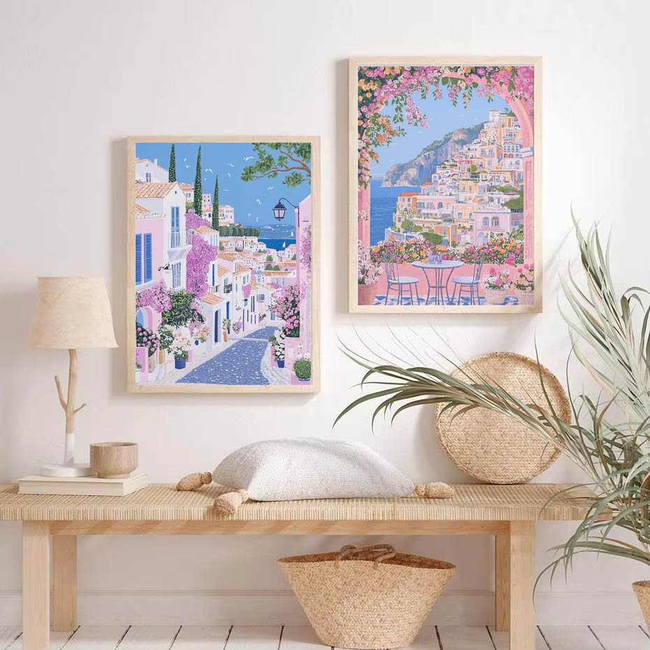 1pc モダンな都市景観旅行壁画ピンクの花自然風景建物アート - Photography Angle のレビューと価格
